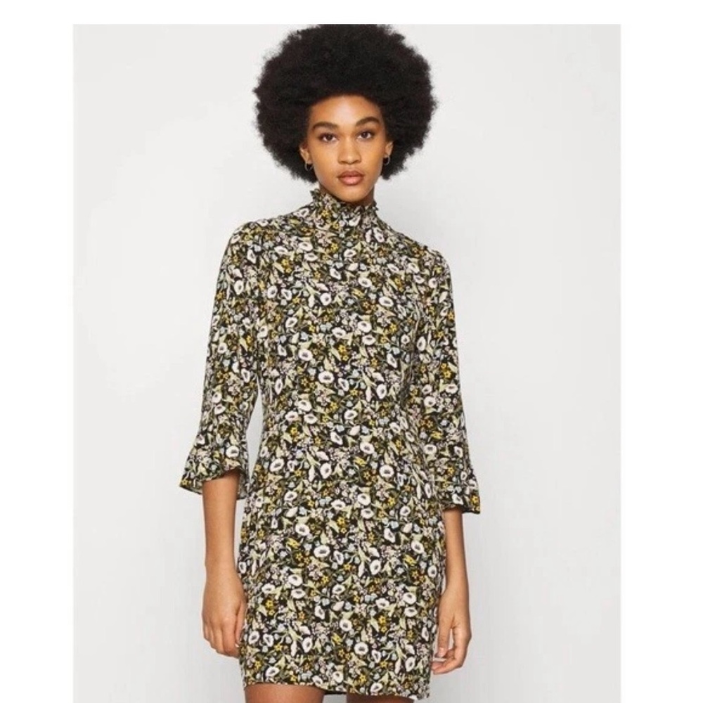 ROLLA'S Blk Green Yellow Mini Meadow Floral Lizzy long-sleeve high-neck dress.